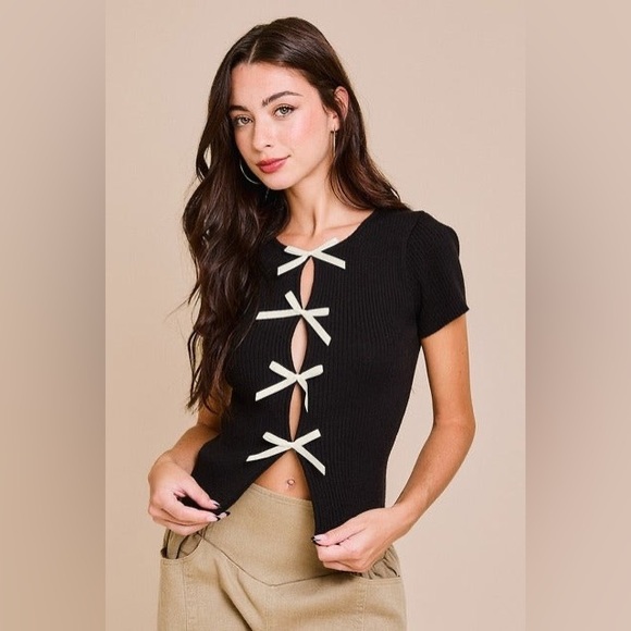 Le Lis Tops - Satin Bow Cutout Short Sleeve Knit Top - Le Lis